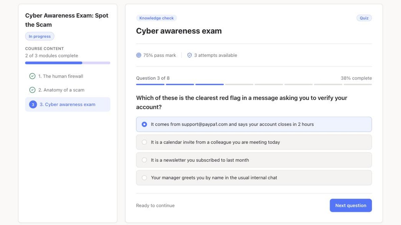 Audeclaris learner view of a cyber awareness exam with a multiple-choice question and progress through the course