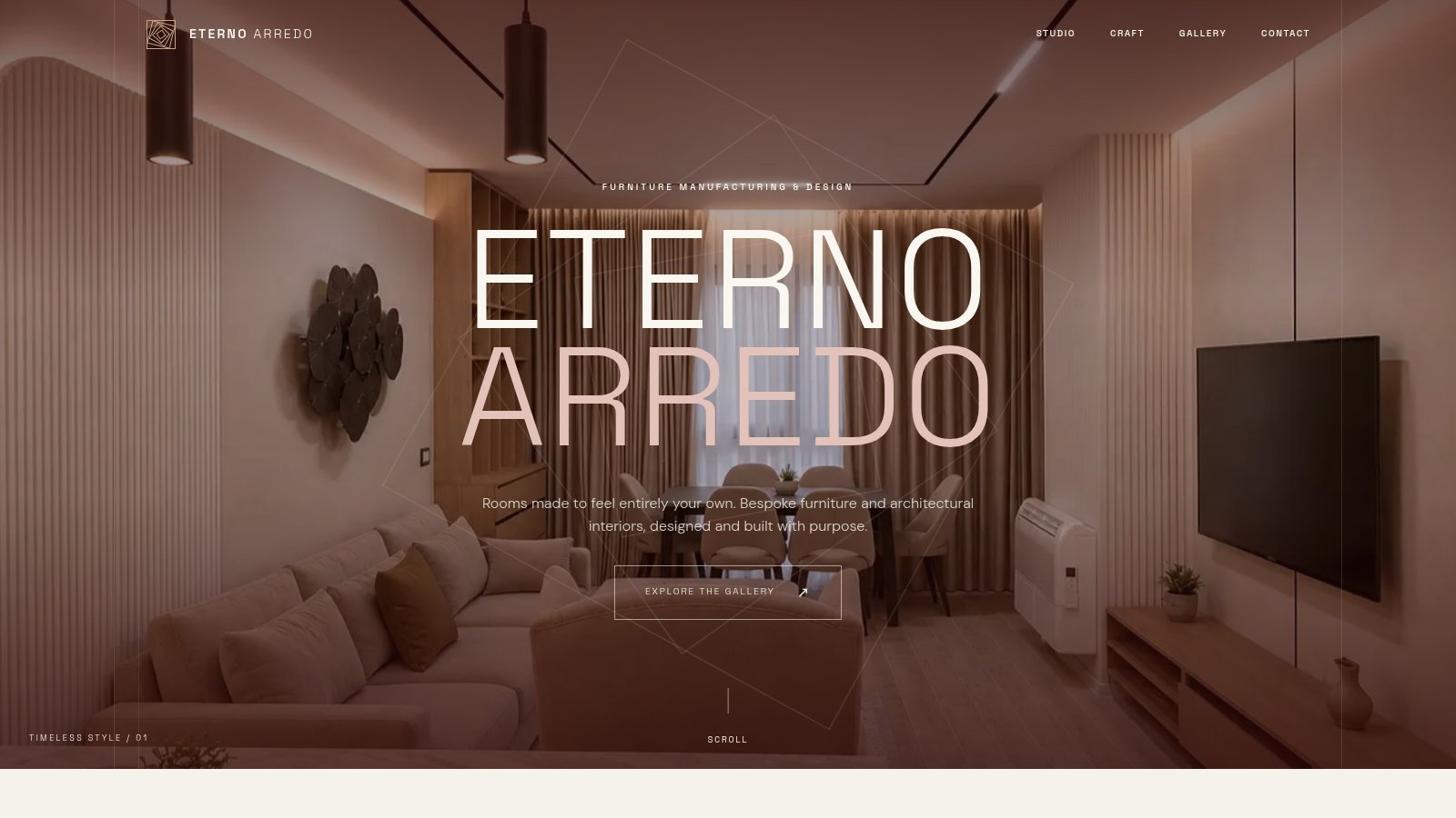 Eterno Arredo website hero showing a furnished living room