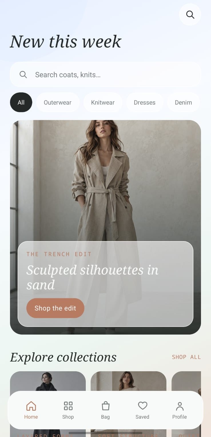Maison Vela app home screen: New this week, category chips, the trench edit hero and collections