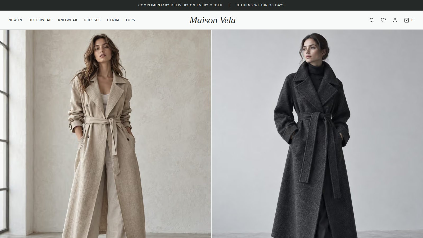 Maison Vela storefront home page with two coats in a gallery-style layout