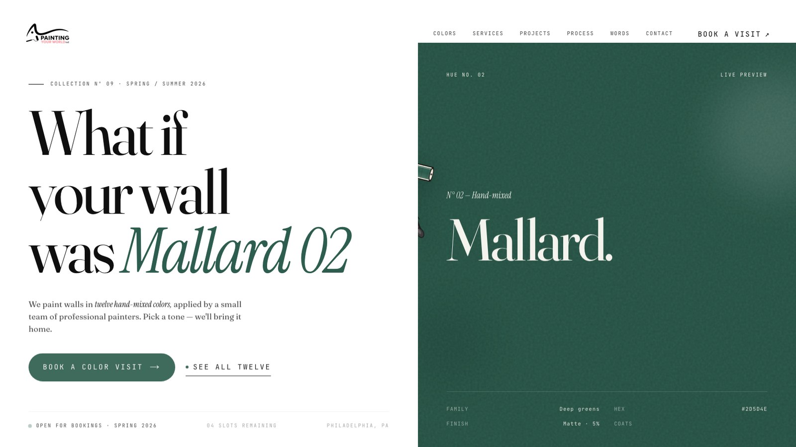 Painting Your World website homepage with a Mallard green colour preview